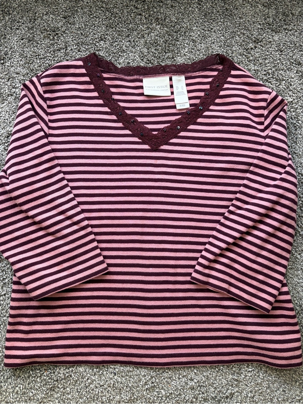 Liz Claiborne Pink and Burgundy Striped V-Neck Long Sleeve Top